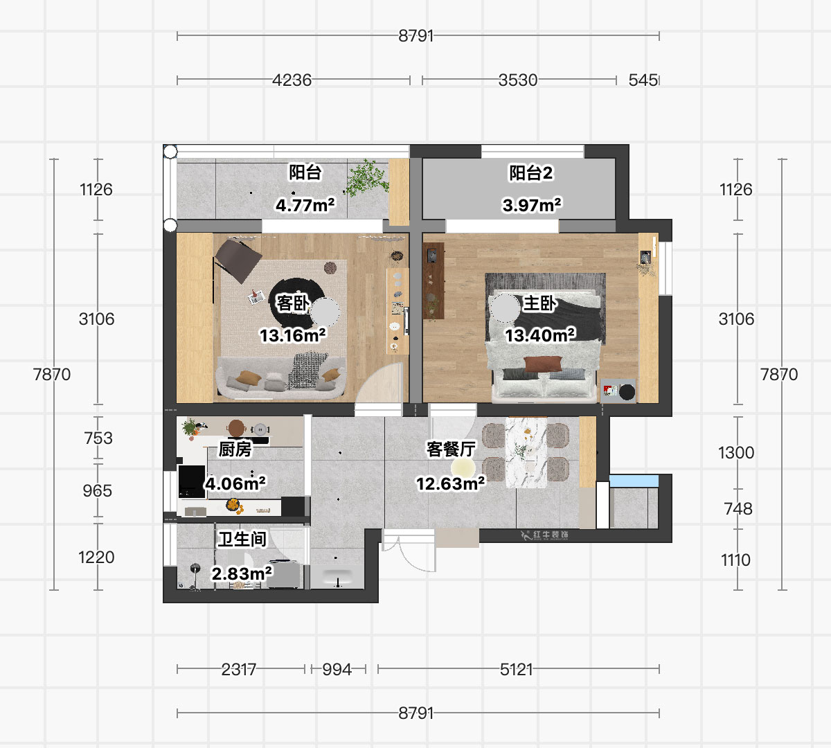顾娟｜东白菜园57-404-63㎡-现代风格｜2室2厅1卫｜旧房装修｜定制家｜全包11